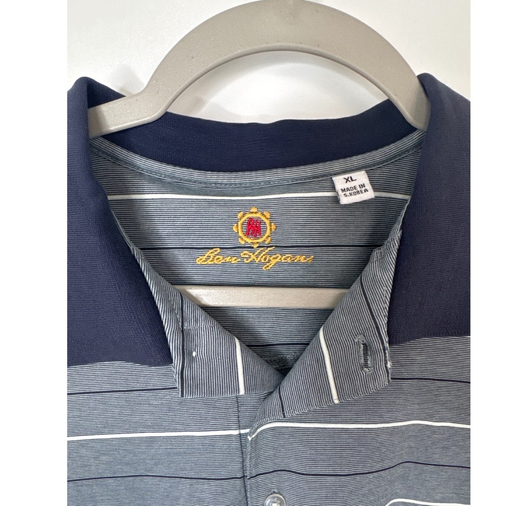 Ben Hogan Mens XL Blue Striped Short Sleeve Golf Polo Shirt Navy Collar - Picture 2 of 4